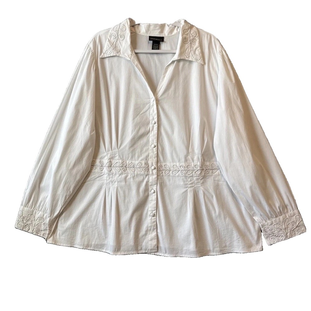 Lane Bryant White Embroidered Peplum Blouse Shirt Plus 26/28 Cottagecore Boho